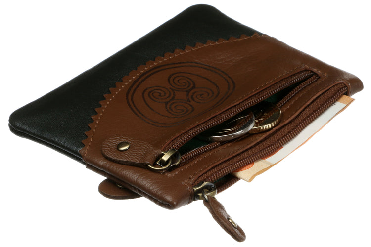 Three Zip Purse - Genuine Irish Soft Leather Purse, Celtic Spiral Design