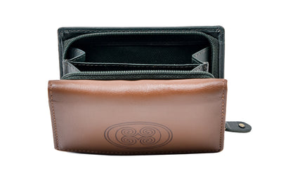 Wrap Purse Tan and Green Leather Spiral Design Luxurious Authentic Irish Leather, Genuine Celtic Merchandise