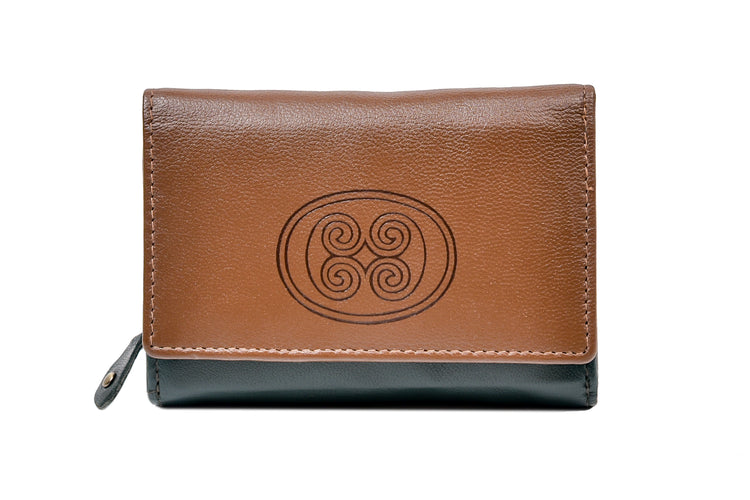 Wrap Purse Tan and Green Leather Spiral Design Luxurious Authentic Irish Leather, Genuine Celtic Merchandise