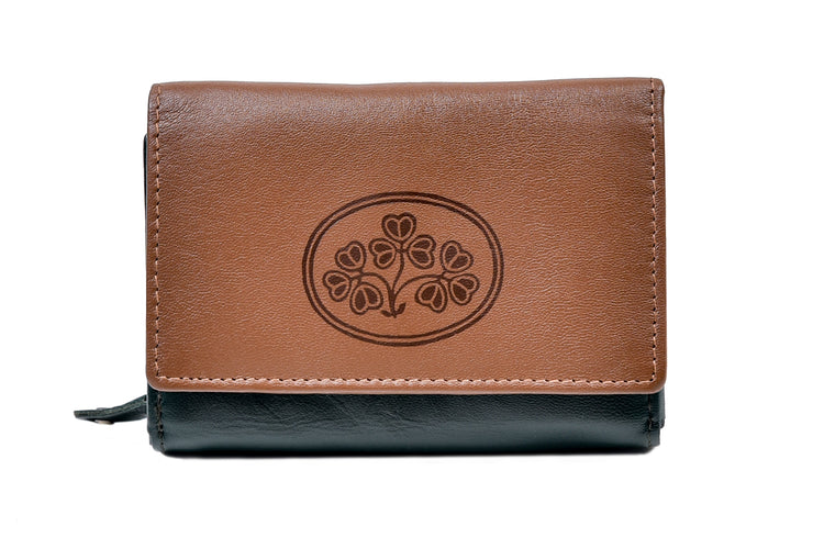 Wrap Purse Green and Tan Leather Shamrock Spray - Luxurious Authentic Irish Leather, Genuine Celtic Merchandise