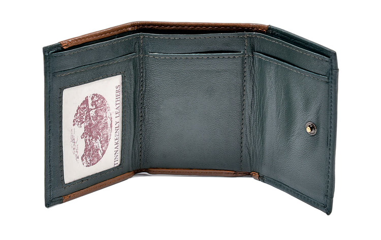 Tri Fold Wallet Tan and Green Leather Shamrock Spray Luxurious Authentic Irish Leather, Genuine Celtic Merchandise