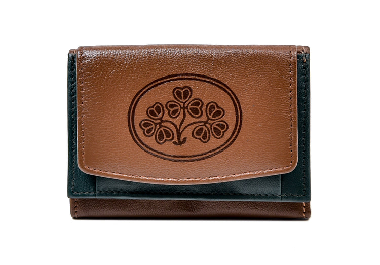 Tri Fold Wallet Tan and Green Leather Shamrock Spray Luxurious Authentic Irish Leather, Genuine Celtic Merchandise