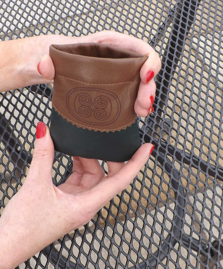 Celtic Spiral Motif Snap Purse, Luxury Irish Leather, Celtic Design Purse in Green and Tan