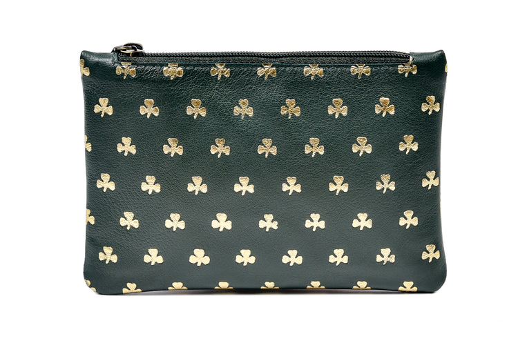 Gold Stamped all over Shamrock Top Zip Purse - Luxurious Authentic Irish Leather, Genuine Celtic Merchandise