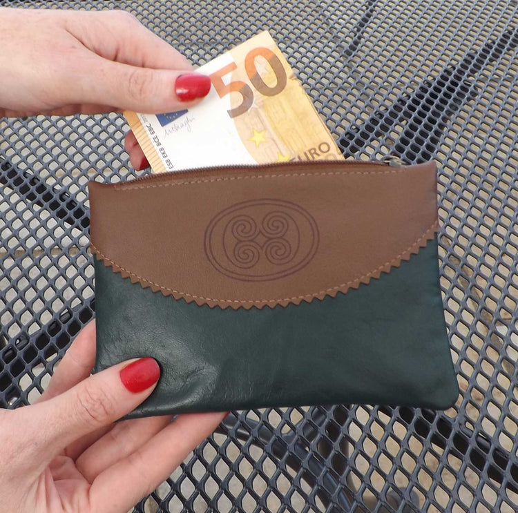 Celtic Spiral Motif Top Zip Purse - Luxurious Authentic Irish Leather, Genuine Celtic Merchandise