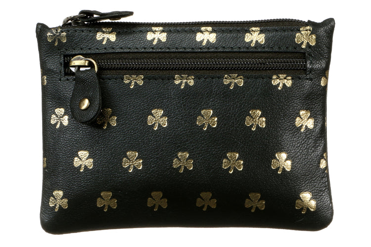 Shamrock Three Zip Velvet Lined Purse - Gold Embossed Shamrock, Luxury Irish Leather, Celtic Design Purse