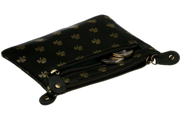Shamrock Three Zip Velvet Lined Purse - Gold Embossed Shamrock, Luxury Irish Leather, Celtic Design Purse