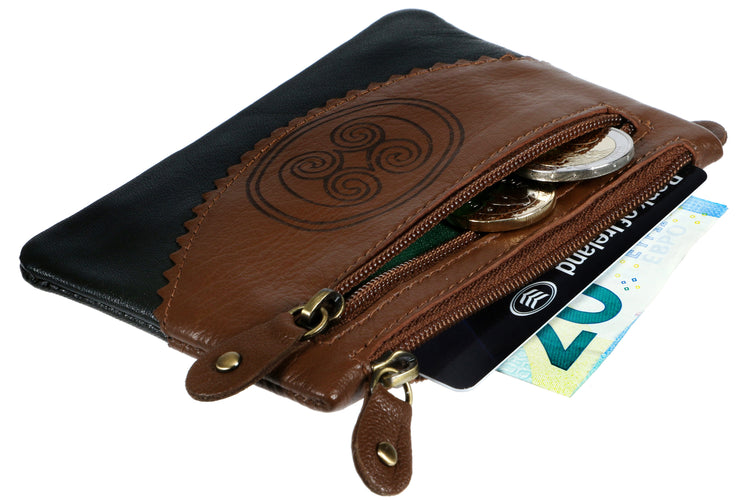 Three Zip Purse - Genuine Irish Soft Leather Purse, Celtic Spiral Design