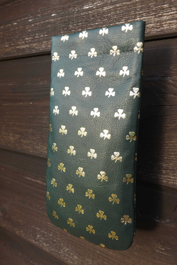 Luxurious Authentic Irish Leather Gold Embossed Shamrock Glasses Snap Case - Genuine Celtic Merchandise