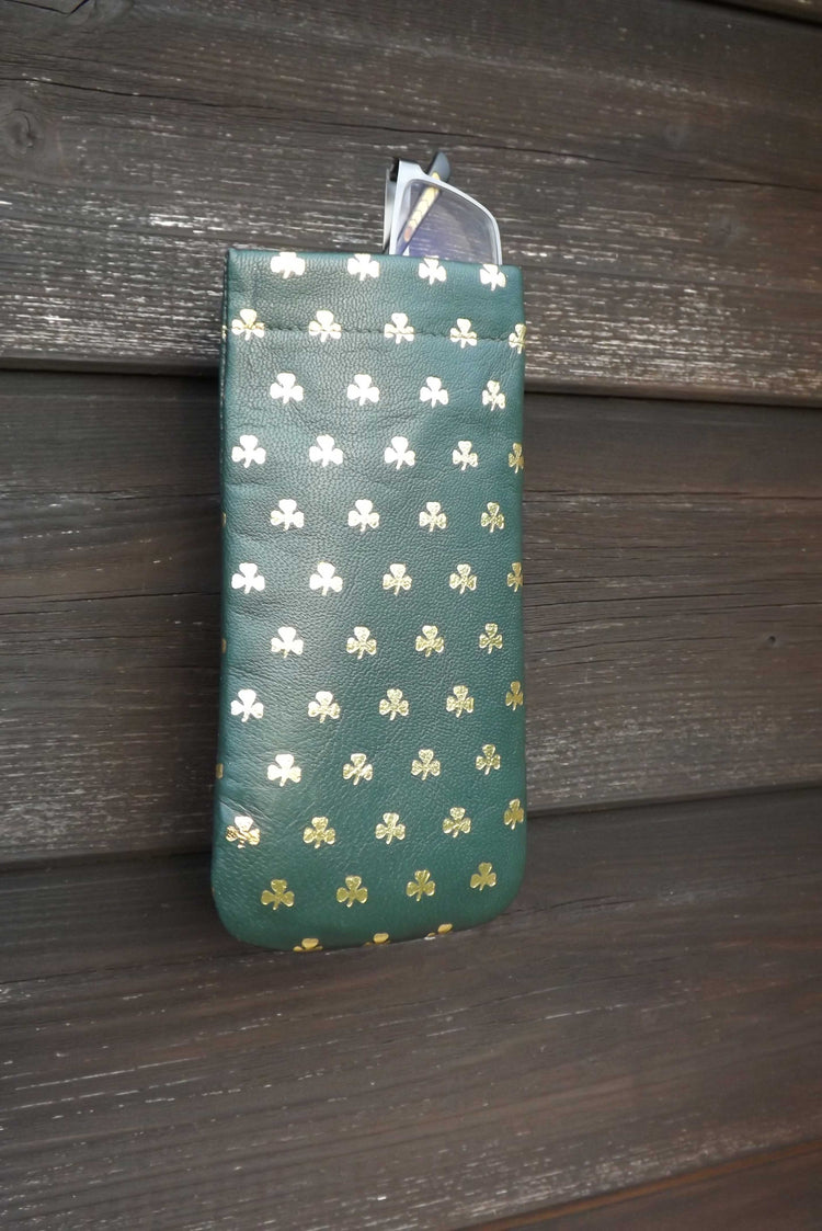 Luxurious Authentic Irish Leather Gold Embossed Shamrock Glasses Snap Case - Genuine Celtic Merchandise