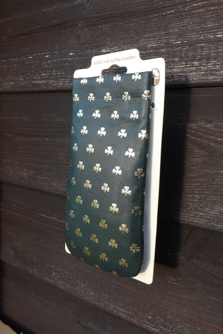 Luxurious Authentic Irish Leather Gold Embossed Shamrock Glasses Snap Case - Genuine Celtic Merchandise