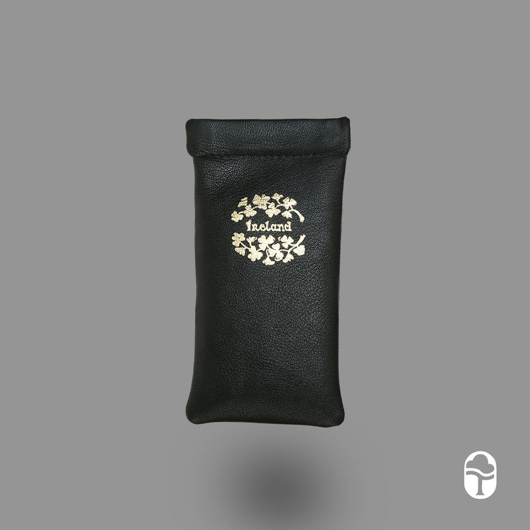Luxurious Authentic Irish Gold Shamrock Design Leather Glasses Slip Case - Genuine Celtic Merchandise in Green Leather