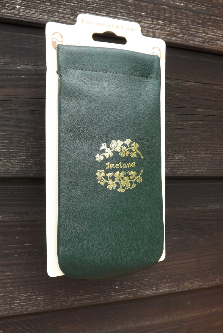Luxurious Authentic Irish Gold Shamrock Design Leather Glasses Slip Case - Genuine Celtic Merchandise in Green Leather