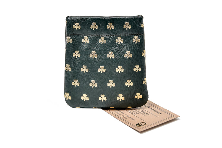 Shamrock Gold Embossed Snap Purse, Luxury Irish Green Leather, Celtic Design Purse