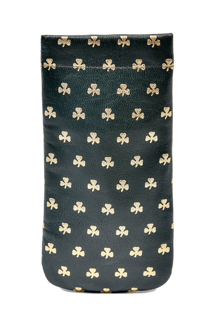 Luxurious Authentic Irish Leather Gold Embossed Shamrock Glasses Snap Case - Genuine Celtic Merchandise