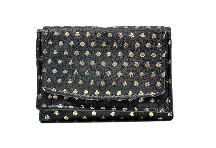 Gold Stamped all over Shamrock TriFold Wallet - Luxurious Authentic Irish Leather, Genuine Celtic Merchandise