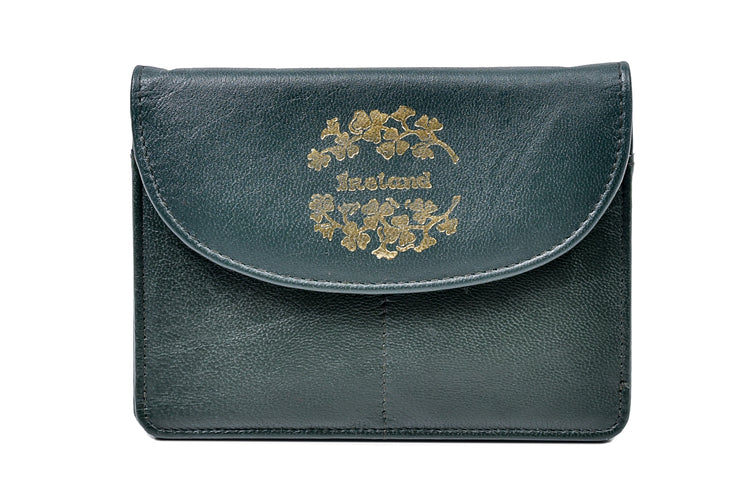 Shamrock Sprig Motif Back Zip Purse - Luxurious Authentic Green Irish Leather, Genuine Celtic Merchandise