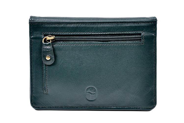 Shamrock Sprig Motif Back Zip Purse - Luxurious Authentic Green Irish Leather, Genuine Celtic Merchandise