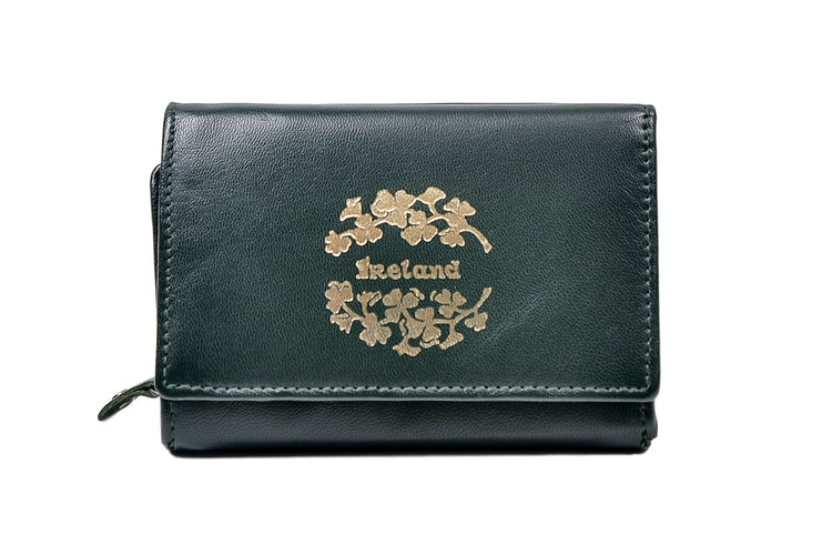 Gold Stamped Shamrock Wrap Purse - Luxurious Authentic Green Irish Leather, Genuine Celtic Merchandise