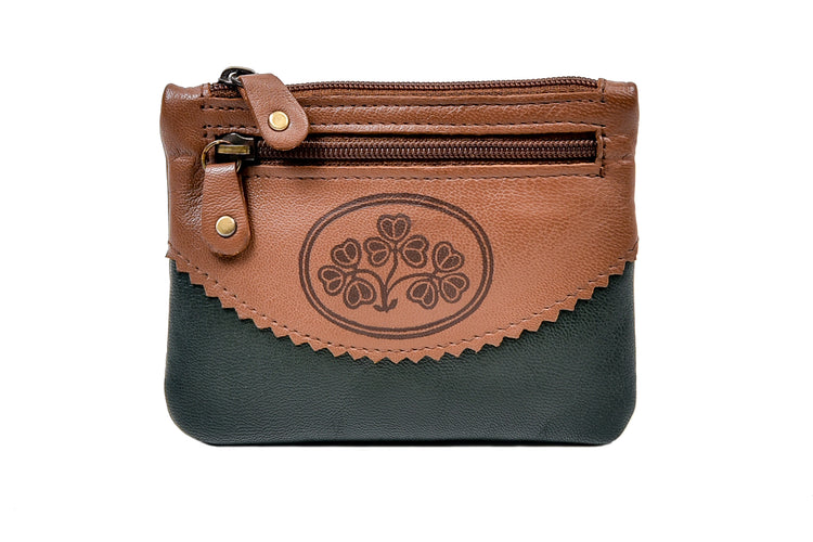 Traditional Irish Shamrock Design Three Zip Purse - Luxury Irish Leather, Genuine Celtic Merchandise