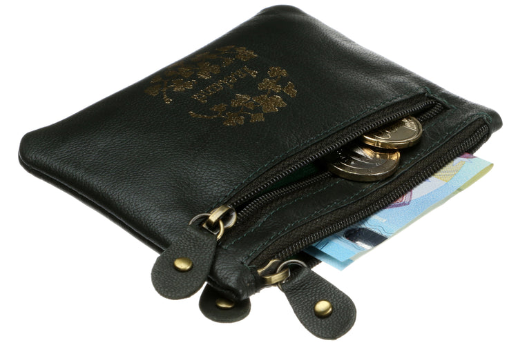 Three Zip Purse -  Luxury Soft Irish Leather and Foil Embossed Irish Shamrock Crest, Genuine Celtic Design Purse