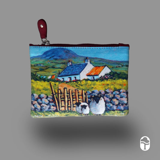 Luxurious Authentic Irish Leather Small Zip Purse with Sheep & Gate Print - Genuine Celtic Merchandise