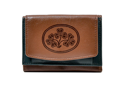 Tri Fold Wallet Tan and Green Leather Shamrock Spray Luxurious Authentic Irish Leather, Genuine Celtic Merchandise