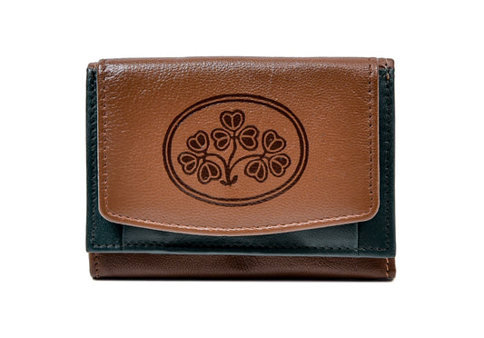 Tri Fold Wallet Tan and Green Leather Shamrock Spray Luxurious Authentic Irish Leather, Genuine Celtic Merchandise