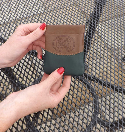 Celtic Spiral Motif Snap Purse, Luxury Irish Leather, Celtic Design Purse in Green and Tan