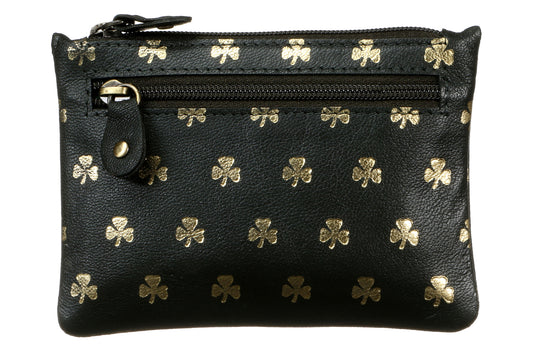 Shamrock Three Zip Velvet Lined Purse - Gold Embossed Shamrock, Luxury Irish Leather, Celtic Design Purse