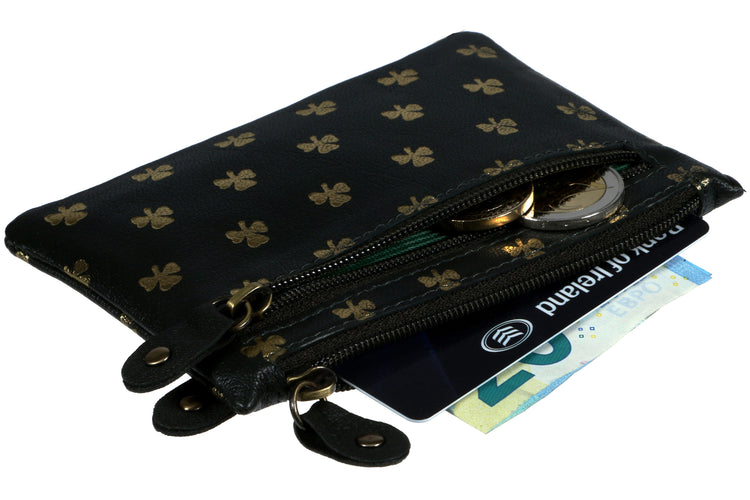 Shamrock Three Zip Velvet Lined Purse - Gold Embossed Shamrock, Luxury Irish Leather, Celtic Design Purse