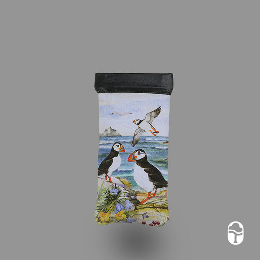 Luxurious Puffin Design Irish Leather Snap Glasses Case - Genuine Celtic Merchandise