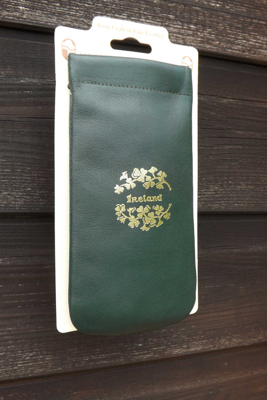 Luxurious Authentic Irish Gold Shamrock Design Leather Glasses Slip Case - Genuine Celtic Merchandise in Green Leather