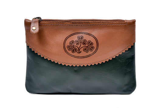 Traditional Irish Shamrock Design Top Zip Purse - Luxury Irish Leather, Genuine Celtic Merchandise
