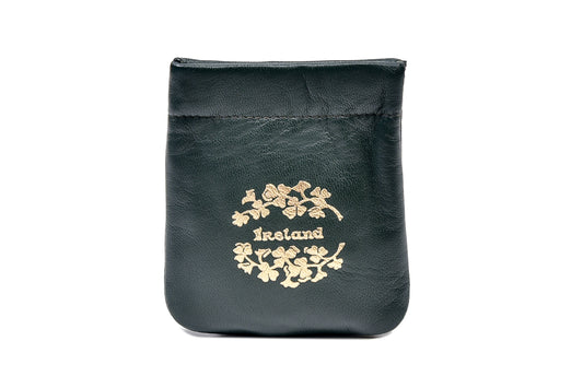 Shamrock Gold Embossed Snap Purse, Luxury Irish Green Leather, Celtic Design Purse