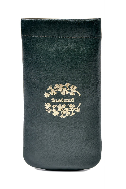 Luxurious Authentic Irish Gold Shamrock Design Leather Glasses Slip Case - Genuine Celtic Merchandise in Green Leather