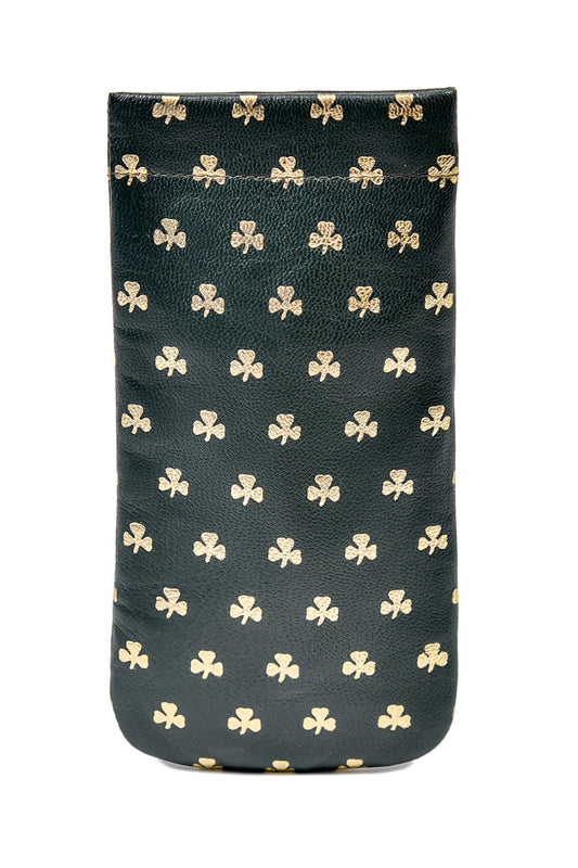 Luxurious Authentic Irish Leather Gold Embossed Shamrock Glasses Snap Case - Genuine Celtic Merchandise
