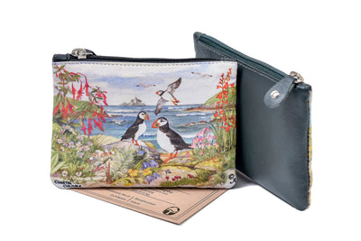 Luxurious Authentic Irish Leather Small Zip Purse with Puffin Print - Genuine Celtic Merchandise