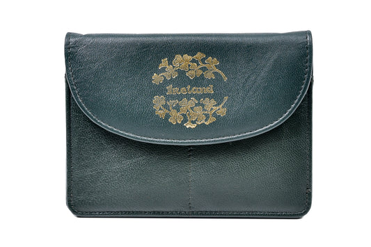 Shamrock Sprig Motif Back Zip Purse - Luxurious Authentic Green Irish Leather, Genuine Celtic Merchandise