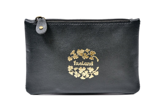 Top Zip Purse - Genuine Irish Soft Leather Purse, Embossed Gold Shamrock Gold Design