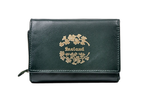 Gold Stamped Shamrock Wrap Purse - Luxurious Authentic Green Irish Leather, Genuine Celtic Merchandise