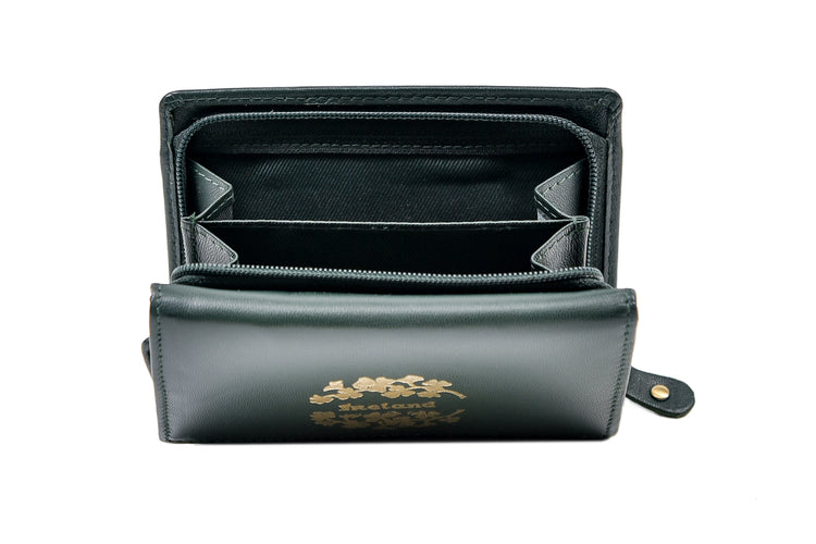 Gold Stamped Shamrock Wrap Purse - Luxurious Authentic Green Irish Leather, Genuine Celtic Merchandise