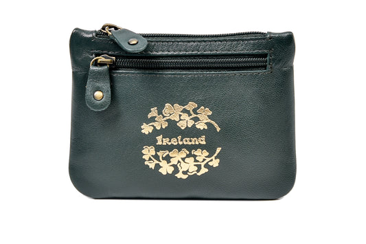 Three Zip Purse -  Luxury Soft Irish Leather and Foil Embossed Irish Shamrock Crest, Genuine Celtic Design Purse