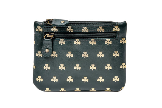 Shamrock Three Zip Velvet Lined Purse - Gold Embossed Shamrock, Luxury Irish Leather, Celtic Design Purse