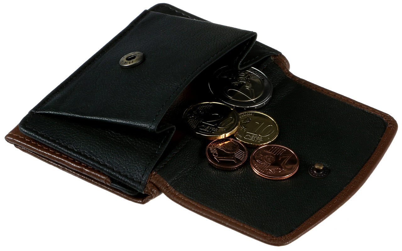 Mens trifold wallet with coin outlet pocket